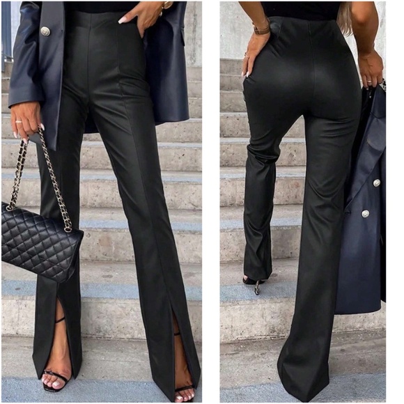 Pants - Luxe Black Vegan Leather Split Hem Pants